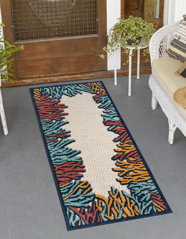 Multicolor 2' x 10' Belize Outdoor Runner Area Rug Weather Resistant for Patio, Deck, Terrace, Balcony, Porch 100% Polypropylene Colorful Fun Coastal Modern Carpet for Outside for Sale at Rug Engine