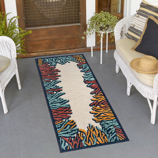 Multicolor 2' x 10' Belize Outdoor Runner Area Rug Weather Resistant for Patio, Deck, Terrace, Balcony, Porch 100% Polypropylene Colorful Fun Coastal Modern Carpet for Outside for Sale at Rug Engine