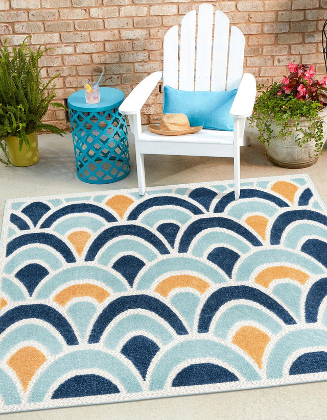 Blue 5' 3 x 5' 3 Belize Outdoor Square Area Rug Weather Resistant for Patio, Deck, Terrace, Balcony, Porch 100% Polypropylene Colorful Fun Coastal Modern Carpet for Outside for Sale at Rug Engine