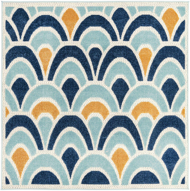 Blue 5' 3 x 5' 3 Belize Outdoor Square Area Rug Weather Resistant for Patio, Deck, Terrace, Balcony, Porch 100% Polypropylene Colorful Fun Coastal Modern Carpet for Outside for Sale at Rug Engine