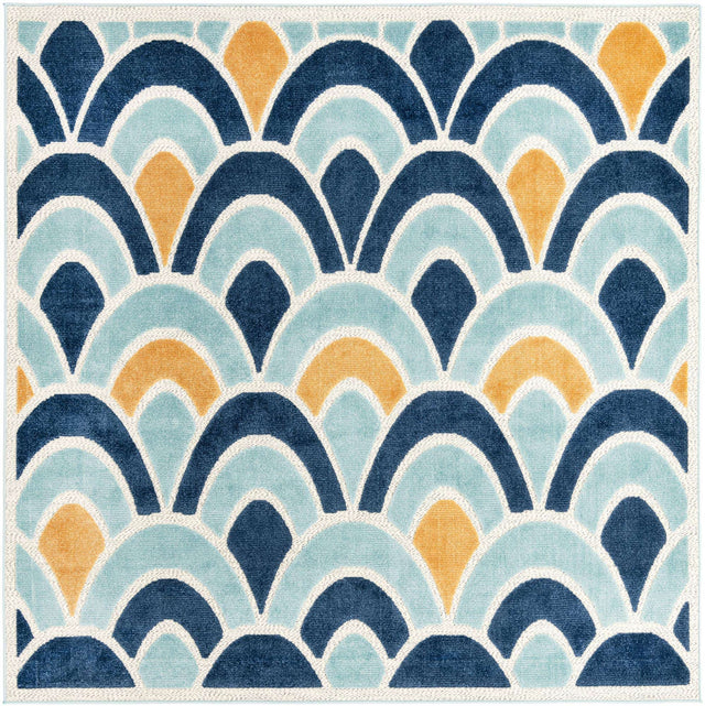 Blue 7' 10 x 7' 10 Belize Outdoor Square Area Rug Weather Resistant for Patio, Deck, Terrace, Balcony, Porch 100% Polypropylene Colorful Fun Coastal Modern Carpet for Outside for Sale at Rug Engine