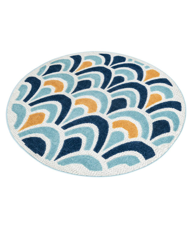Blue 5' 3 x 5' 3 Belize Outdoor Round Area Rug Weather Resistant for Patio, Deck, Terrace, Balcony, Porch 100% Polypropylene Colorful Fun Coastal Modern Carpet for Outside for Sale at Rug Engine