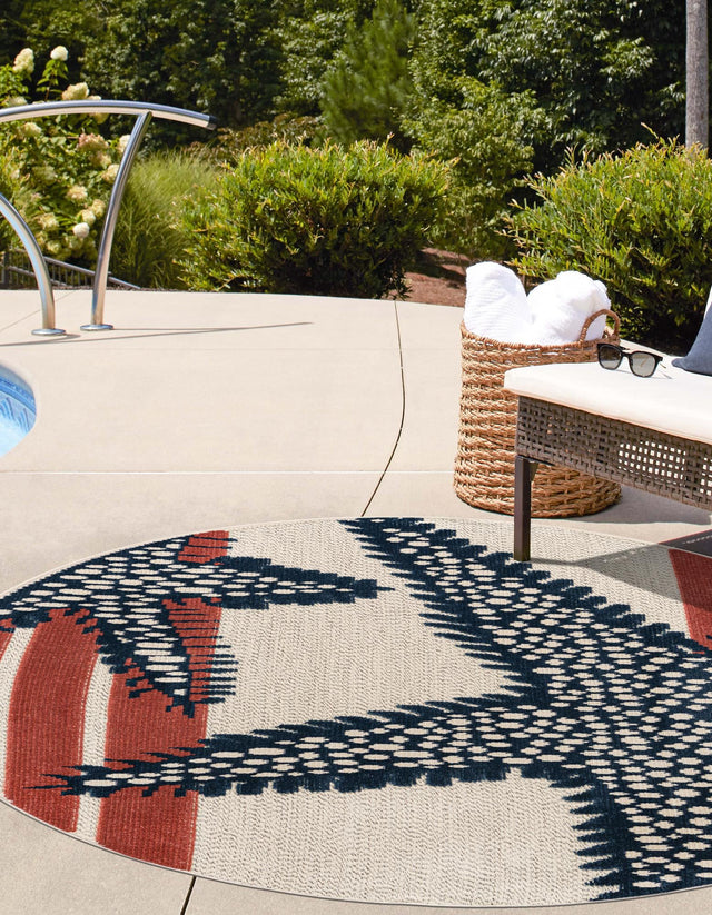 Ivory 3' 3 x 3' 3 Belize Outdoor Round Area Rug Weather Resistant for Patio, Deck, Terrace, Balcony, Porch 100% Polypropylene Colorful Fun Coastal Modern Carpet for Outside for Sale at Rug Engine