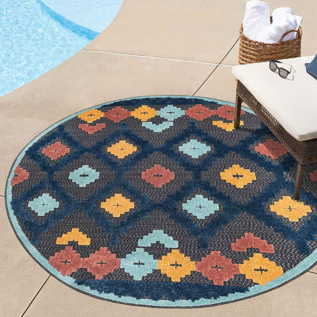 Charcoal 3' 3 x 3' 3 Belize Outdoor Round Area Rug Weather Resistant for Patio, Deck, Terrace, Balcony, Porch 100% Polypropylene Colorful Fun Coastal Modern Carpet for Outside for Sale at Rug Engine