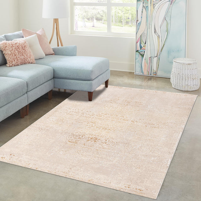 Ivory and Gold 4' x 5' 10 Deepa Rectangle Area Rug 100% Polyester Colorful Modern Contemporary Carpet for Home Decorating Living, Dining, Office & Bedrooms for Sale at Rug Engine