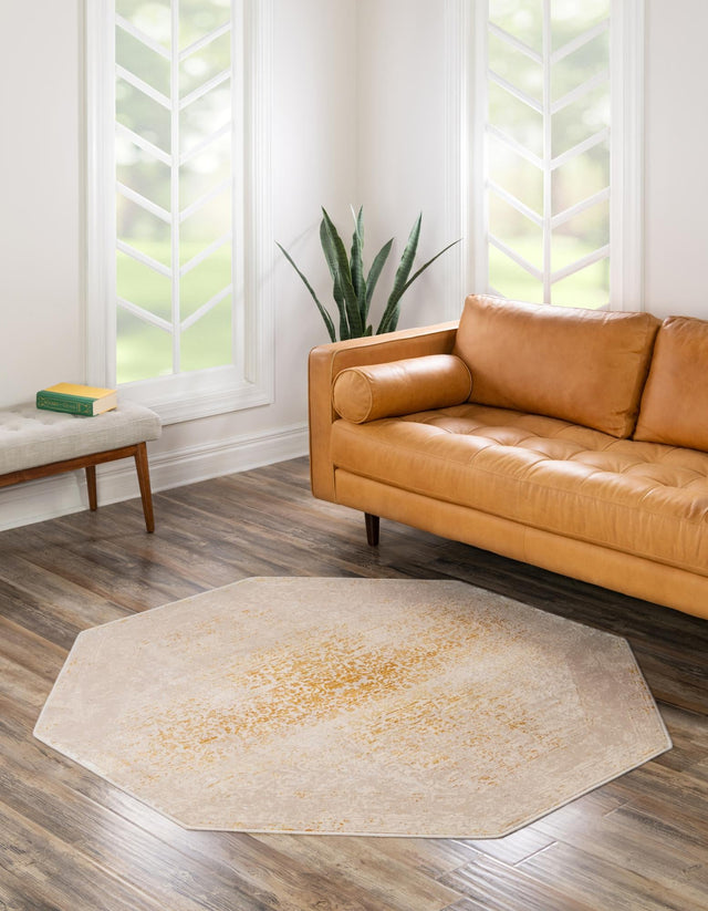 Ivory and Gold 5' 3 x 5' 3 Deepa Octagon Area Rug 100% Polyester Colorful Modern Contemporary Carpet for Home Decorating Living, Dining, Office & Bedrooms for Sale at Rug Engine