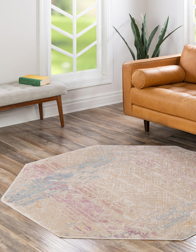 Ivory and Gray 7' 10 x 7' 10 Deepa Octagon Area Rug 100% Polyester Colorful Modern Contemporary Carpet for Home Decorating Living, Dining, Office & Bedrooms for Sale at Rug Engine