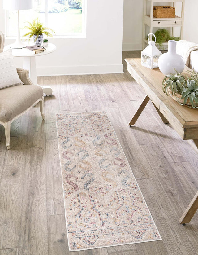 Ivory 2' 6 x 12' Deepa Runner Area Rug 100% Polyester Colorful Modern Contemporary Carpet for Home Decorating Living, Dining, Office & Bedrooms for Sale at Rug Engine