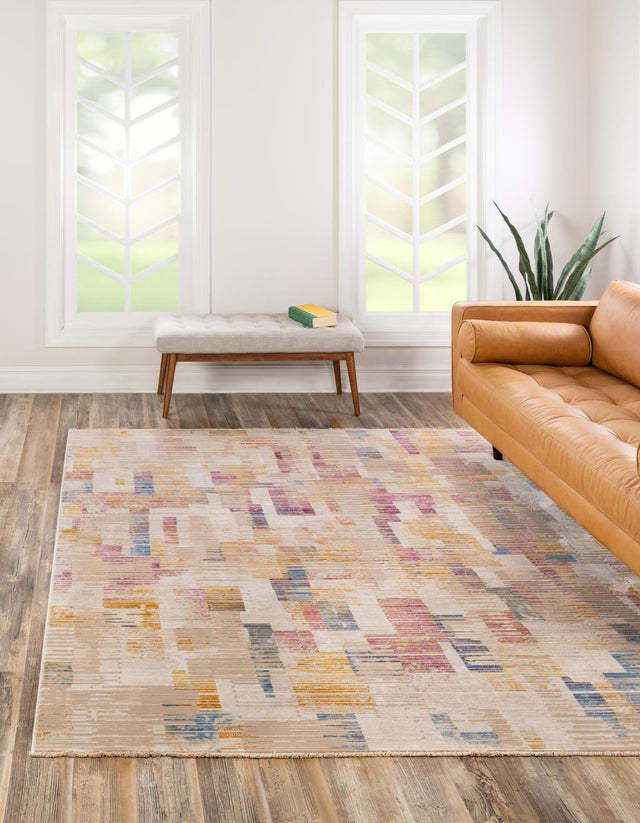 Ivory 7' 10 x 7' 10 Deepa Square Area Rug 100% Polyester Colorful Modern Contemporary Carpet for Home Decorating Living, Dining, Office & Bedrooms for Sale at Rug Engine