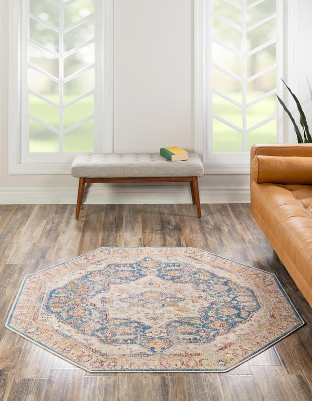 Blue Ivory 7' 10 x 7' 10 Deepa Octagon Area Rug 100% Polyester Colorful Modern Contemporary Carpet for Home Decorating Living, Dining, Office & Bedrooms for Sale at Rug Engine