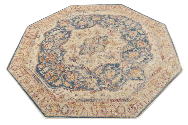 Blue Ivory 5' 3 x 5' 3 Deepa Octagon Area Rug 100% Polyester Colorful Modern Contemporary Carpet for Home Decorating Living, Dining, Office & Bedrooms for Sale at Rug Engine
