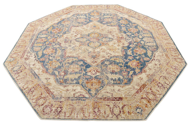 Blue Ivory 7' 10 x 7' 10 Deepa Octagon Area Rug 100% Polyester Colorful Modern Contemporary Carpet for Home Decorating Living, Dining, Office & Bedrooms for Sale at Rug Engine