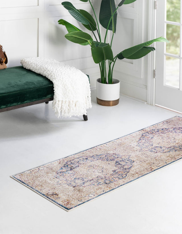 Blue Ivory 2' x 8' Deepa Runner Area Rug 100% Polyester Colorful Modern Contemporary Carpet for Home Decorating Living, Dining, Office & Bedrooms for Sale at Rug Engine