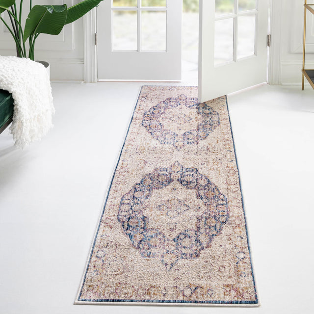 Blue Ivory 2' x 6' Deepa Runner Area Rug 100% Polyester Colorful Modern Contemporary Carpet for Home Decorating Living, Dining, Office & Bedrooms for Sale at Rug Engine