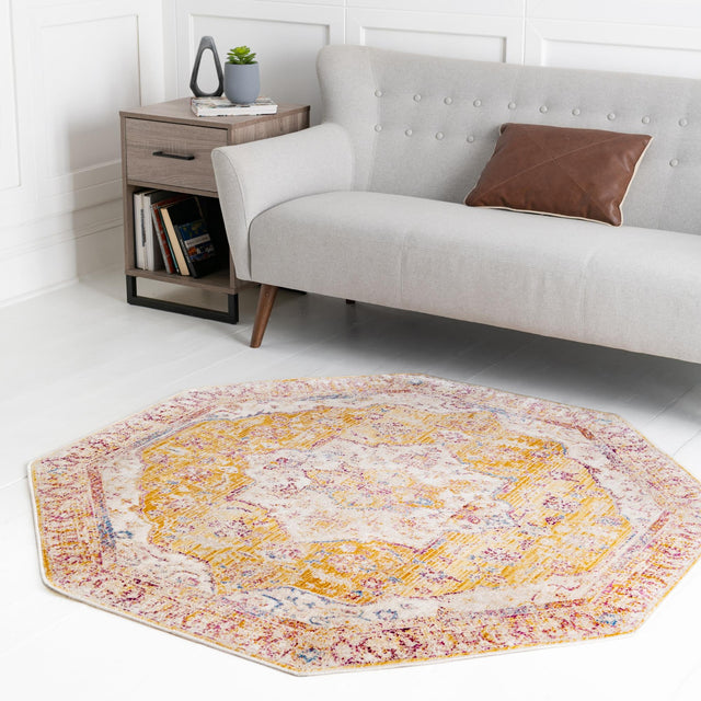 Yellow 5' 3 x 5' 3 Deepa Octagon Area Rug 100% Polyester Colorful Modern Contemporary Carpet for Home Decorating Living, Dining, Office & Bedrooms for Sale at Rug Engine