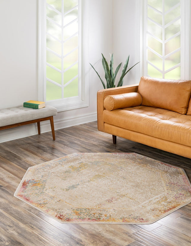 Ivory 7' 10 x 7' 10 Deepa Octagon Area Rug 100% Polyester Colorful Modern Contemporary Carpet for Home Decorating Living, Dining, Office & Bedrooms for Sale at Rug Engine