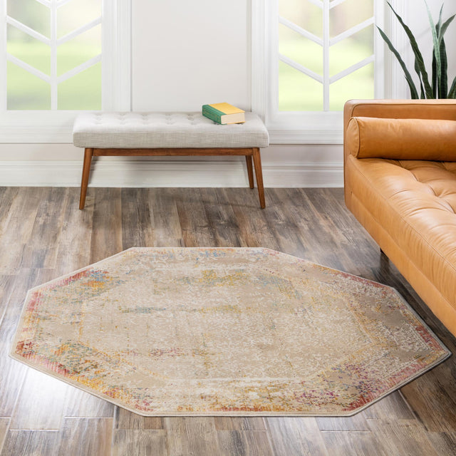 Ivory 7' 10 x 7' 10 Deepa Octagon Area Rug 100% Polyester Colorful Modern Contemporary Carpet for Home Decorating Living, Dining, Office & Bedrooms for Sale at Rug Engine
