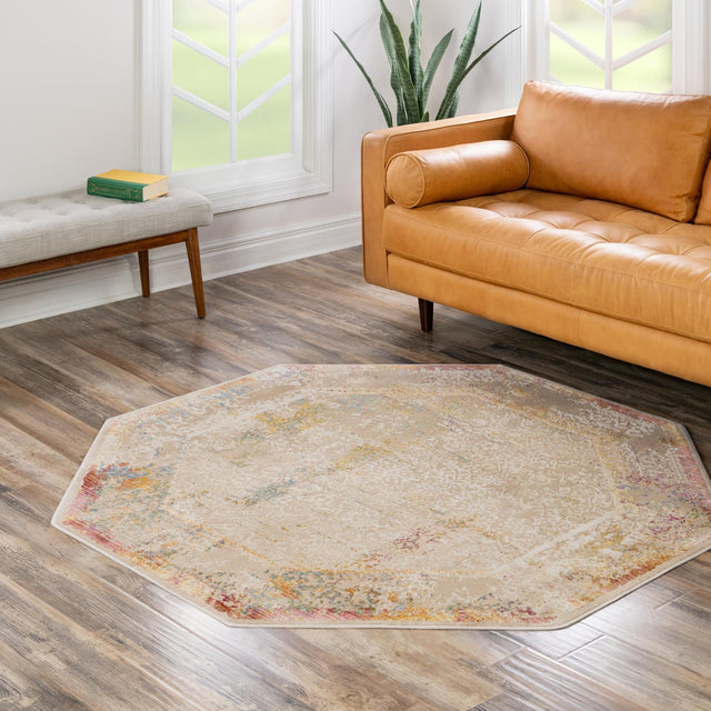Ivory 5' 3 x 5' 3 Deepa Octagon Area Rug 100% Polyester Colorful Modern Contemporary Carpet for Home Decorating Living, Dining, Office & Bedrooms for Sale at Rug Engine