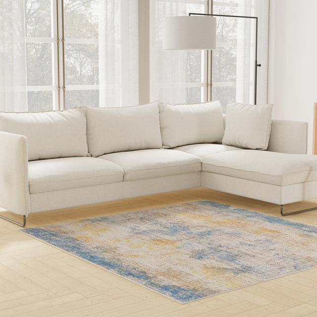 Blue Ivory 7' 10 x 7' 10 Deepa Square Area Rug 100% Polyester Colorful Modern Contemporary Carpet for Home Decorating Living, Dining, Office & Bedrooms for Sale at Rug Engine