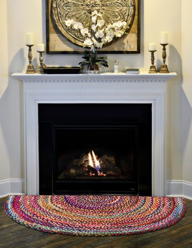 Multicolor 2' 7 x 4' 1 Braided Chindi Hearth Half-Round Semicircle Area Rug 100% Cotton Hand Braided Natural Eco-Friendly Boho Style Modern Carpet for Living Rooms Dining Office Dorm for Sale at Rug Engine
