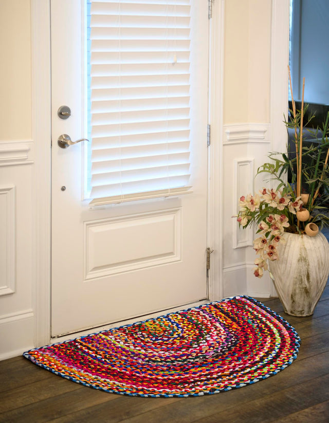 Multicolor 2' 7 x 4' 1 Braided Chindi Hearth Half-Round Semicircle Area Rug 100% Cotton Hand Braided Natural Eco-Friendly Boho Style Modern Carpet for Living Rooms Dining Office Dorm for Sale at Rug Engine