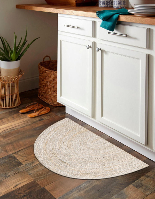 White 2' 2 x 3' 7 Braided Jute Hearth Half-Round Semicircle Area Rug 100% Jute Hand Braided Natural Eco-Friendly Boho Style Carpet for Living Rooms Dining Office Space Dorms for Sale at Rug Engine