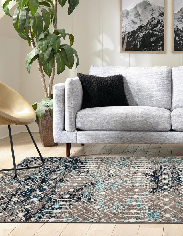 Multicolor Gray Blue 6' 1 x 9' Tribal Trellis Rectangle Area Rug Geometric Southwestern Inspired Durable Carpet for Home Interior Design for Sale at Rug Engine
