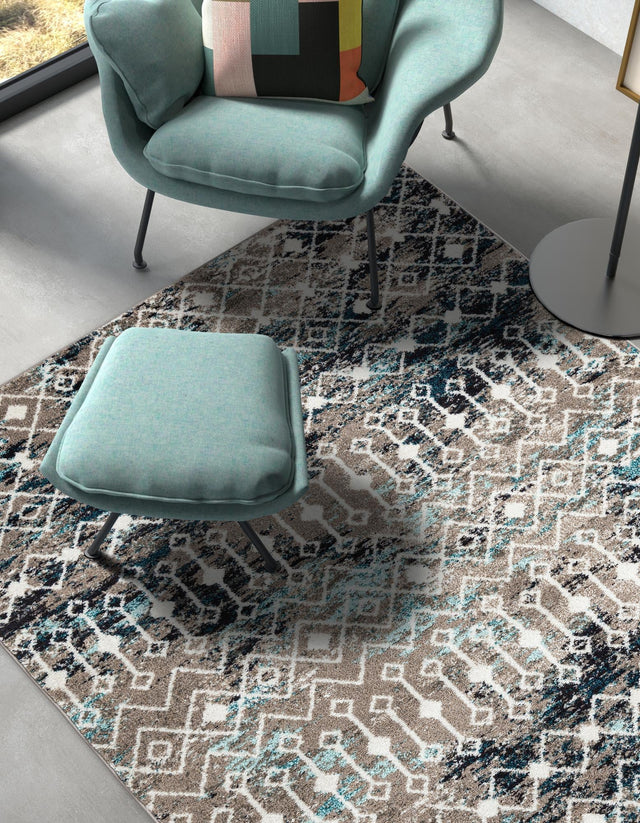 Multicolor Gray Blue 6' 1 x 9' Tribal Trellis Rectangle Area Rug Geometric Southwestern Inspired Durable Carpet for Home Interior Design for Sale at Rug Engine