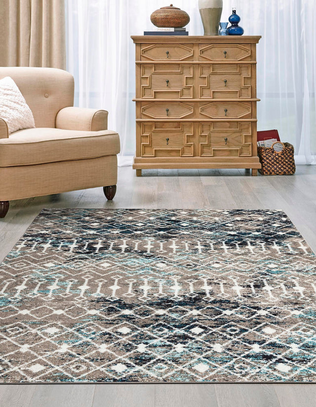 Multicolor Gray Blue 6' 1 x 9' Tribal Trellis Rectangle Area Rug Geometric Southwestern Inspired Durable Carpet for Home Interior Design for Sale at Rug Engine