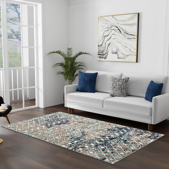 Multicolor Gray Blue 6' 1 x 9' Tribal Trellis Rectangle Area Rug Geometric Southwestern Inspired Durable Carpet for Home Interior Design for Sale at Rug Engine
