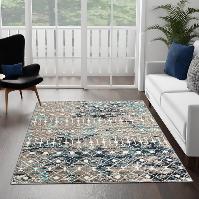 Multicolor Gray Blue 6' 1 x 9' Tribal Trellis Rectangle Area Rug Geometric Southwestern Inspired Durable Carpet for Home Interior Design for Sale at Rug Engine