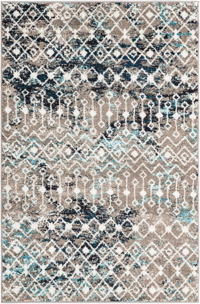 Multicolor Gray Blue 4' 1 x 6' 1 Tribal Trellis Rectangle Area Rug Geometric Southwestern Inspired Durable Carpet for Home Interior Design for Sale at Rug Engine