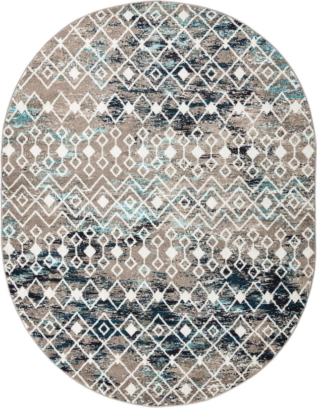 Multicolor Gray Blue 7' 10 x 10' Tribal Trellis Oval Area Rug Geometric Southwestern Inspired Durable Carpet for Home Interior Design for Sale at Rug Engine