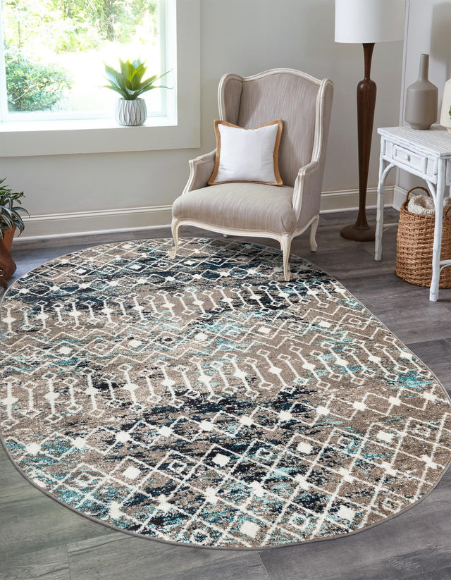 Multicolor Gray Blue 4' 1 x 6' 1 Tribal Trellis Oval Area Rug Geometric Southwestern Inspired Durable Carpet for Home Interior Design for Sale at Rug Engine
