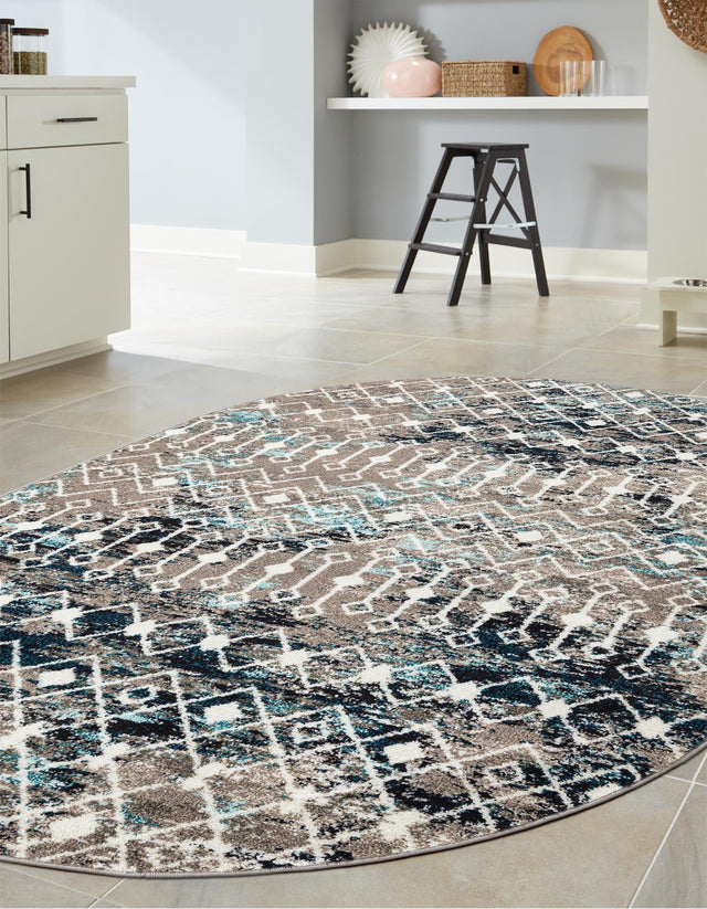 Multicolor Gray Blue 4' 1 x 6' 1 Tribal Trellis Oval Area Rug Geometric Southwestern Inspired Durable Carpet for Home Interior Design for Sale at Rug Engine