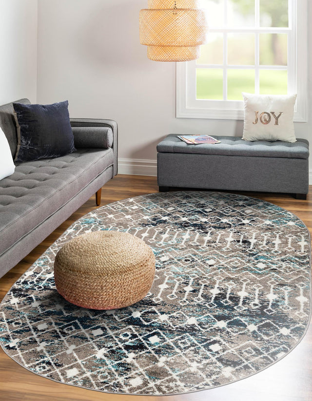 Multicolor Gray Blue 7' 10 x 10' Tribal Trellis Oval Area Rug Geometric Southwestern Inspired Durable Carpet for Home Interior Design for Sale at Rug Engine