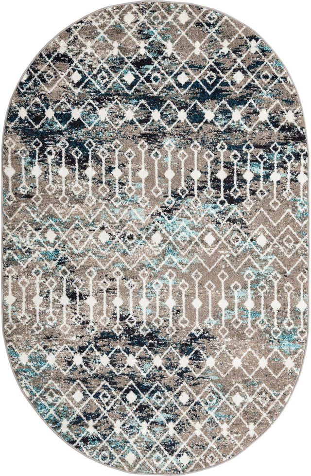 Multicolor Gray Blue 5' 3 x 8' Tribal Trellis Oval Area Rug Geometric Southwestern Inspired Durable Carpet for Home Interior Design for Sale at Rug Engine