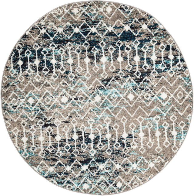 Multicolor Gray Blue 5' 3 x 5' 3 Tribal Trellis Round Area Rug Geometric Southwestern Inspired Durable Carpet for Home Interior Design for Sale at Rug Engine