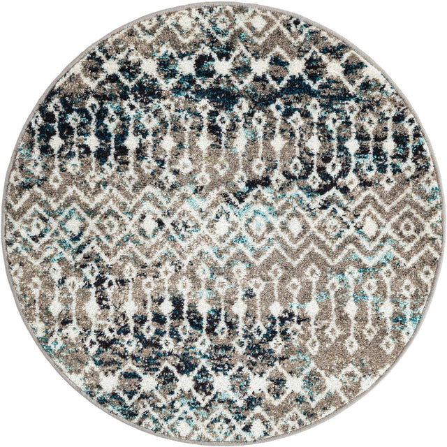 Multicolor Gray Blue 3' 1 x 3' 1 Tribal Trellis Round Area Rug Geometric Southwestern Inspired Durable Carpet for Home Interior Design for Sale at Rug Engine