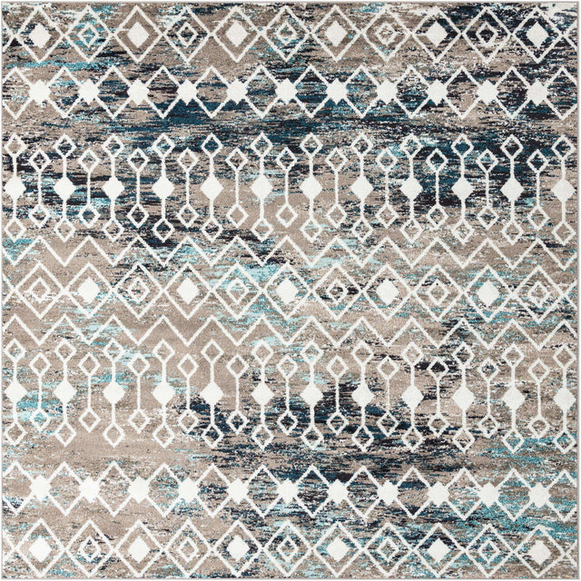 Multicolor Gray Blue 10' x 10' Tribal Trellis Square Area Rug Geometric Southwestern Inspired Durable Carpet for Home Interior Design for Sale at Rug Engine