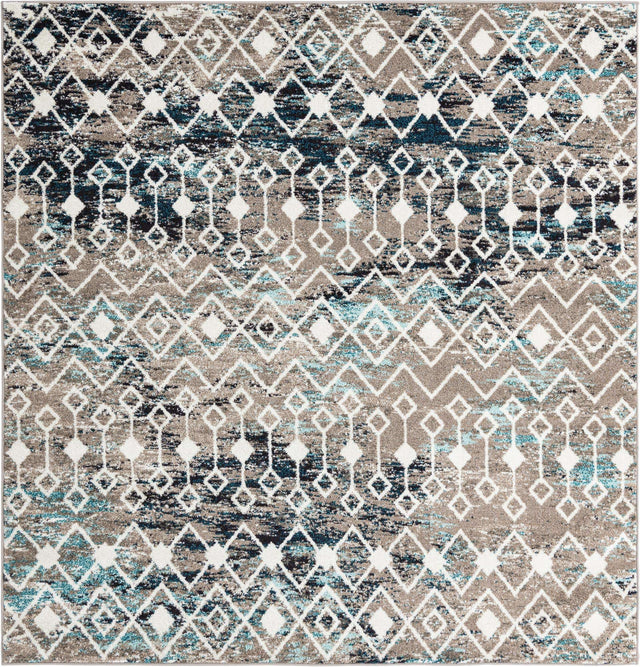 Multicolor Gray Blue 7' 10 x 7' 10 Tribal Trellis Square Area Rug Geometric Southwestern Inspired Durable Carpet for Home Interior Design for Sale at Rug Engine