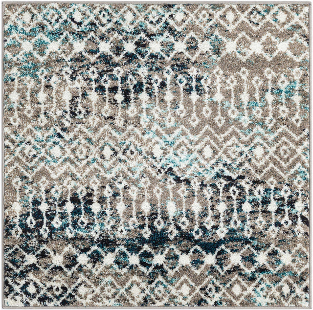 Multicolor Gray Blue 3' 1 x 3' 1 Tribal Trellis Square Area Rug Geometric Southwestern Inspired Durable Carpet for Home Interior Design for Sale at Rug Engine