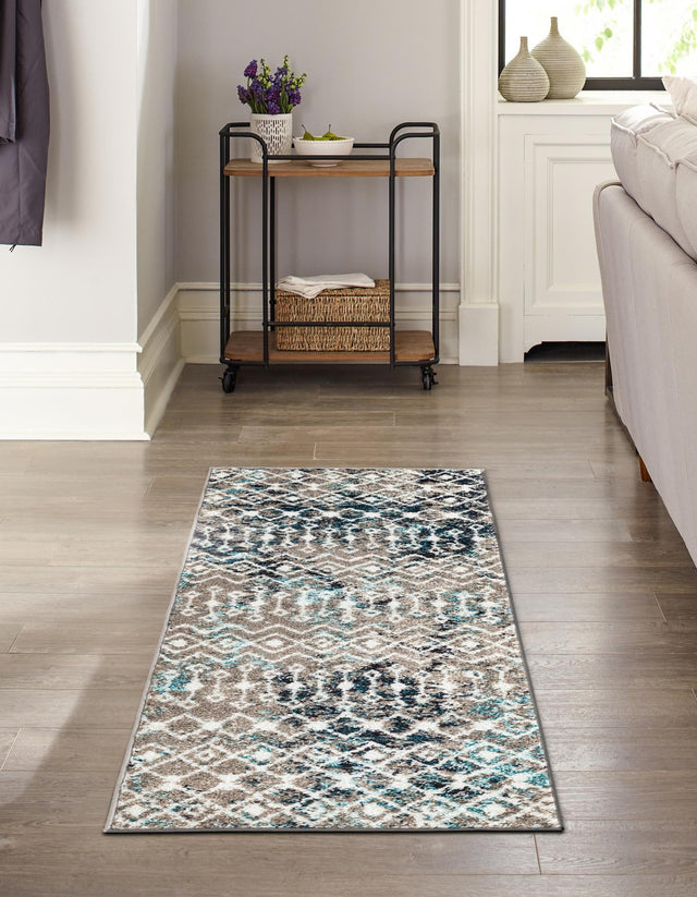 Multicolor Gray Blue 2' 7 x 10' Tribal Trellis Runner Area Rug Geometric Southwestern Inspired Durable Carpet for Home Interior Design for Sale at Rug Engine