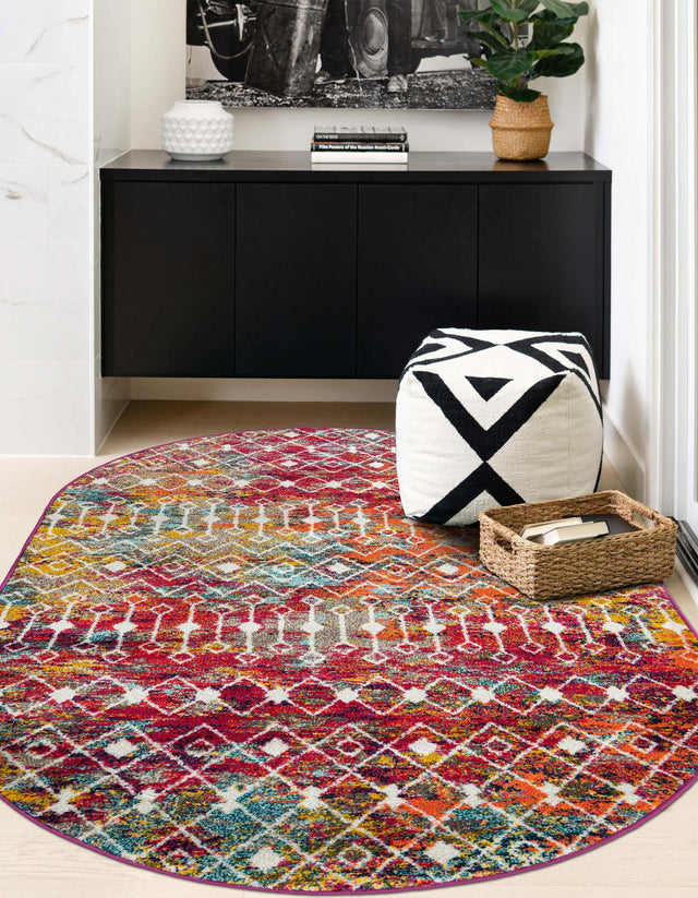 Multicolor 7' 10 x 10' Tribal Trellis Oval Area Rug Geometric Southwestern Inspired Durable Carpet for Home Interior Design for Sale at Rug Engine