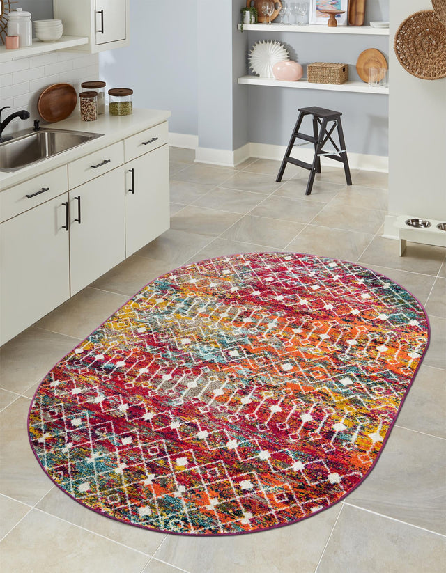 Multicolor 7' 10 x 10' Tribal Trellis Oval Area Rug Geometric Southwestern Inspired Durable Carpet for Home Interior Design for Sale at Rug Engine