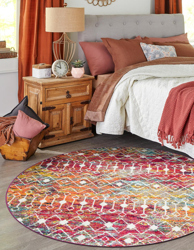 Multicolor 5' 3 x 5' 3 Tribal Trellis Round Area Rug Geometric Southwestern Inspired Durable Carpet for Home Interior Design for Sale at Rug Engine