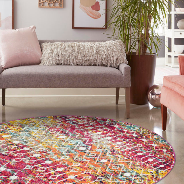 Multicolor 6' 1 x 6' 1 Tribal Trellis Round Area Rug Geometric Southwestern Inspired Durable Carpet for Home Interior Design for Sale at Rug Engine