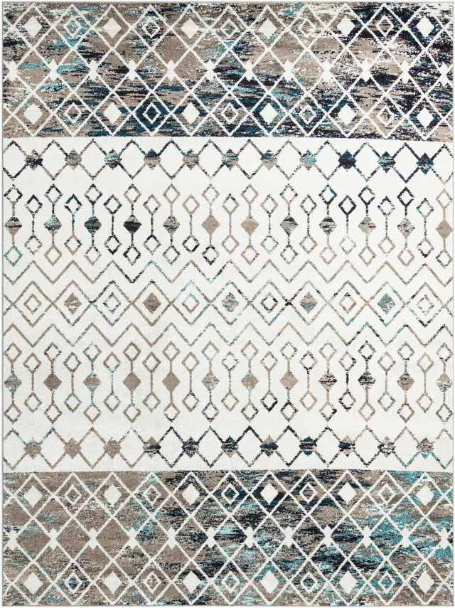 Ivory Gray Blue 10' 8 x 14' Tribal Trellis Rectangle Area Rug Geometric Southwestern Inspired Durable Carpet for Home Interior Design for Sale at Rug Engine