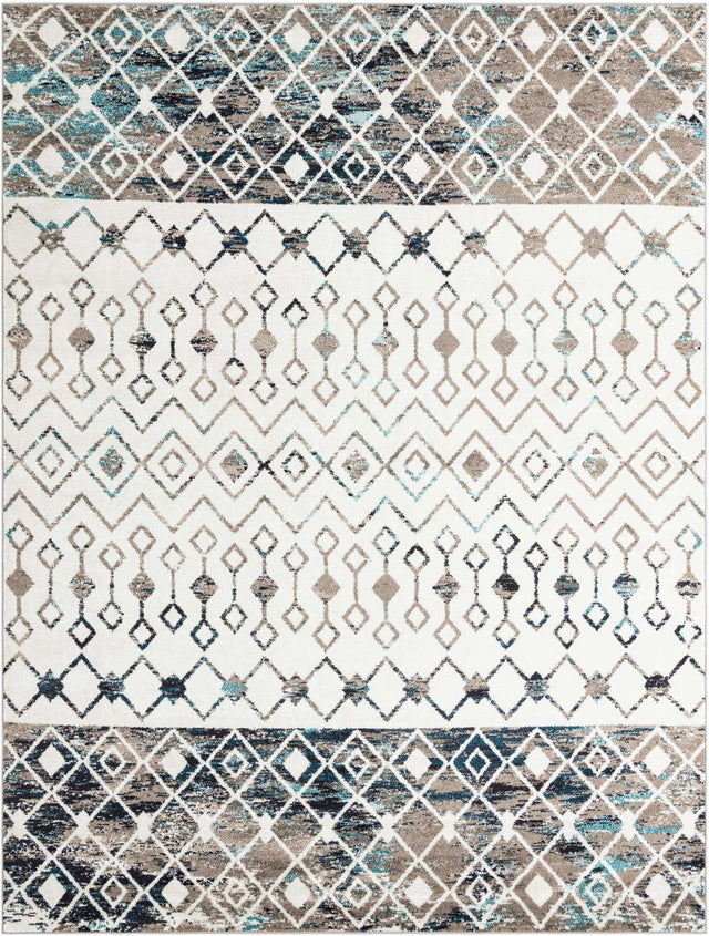 Ivory Gray Blue 10' x 13' 1 Tribal Trellis Rectangle Area Rug Geometric Southwestern Inspired Durable Carpet for Home Interior Design for Sale at Rug Engine