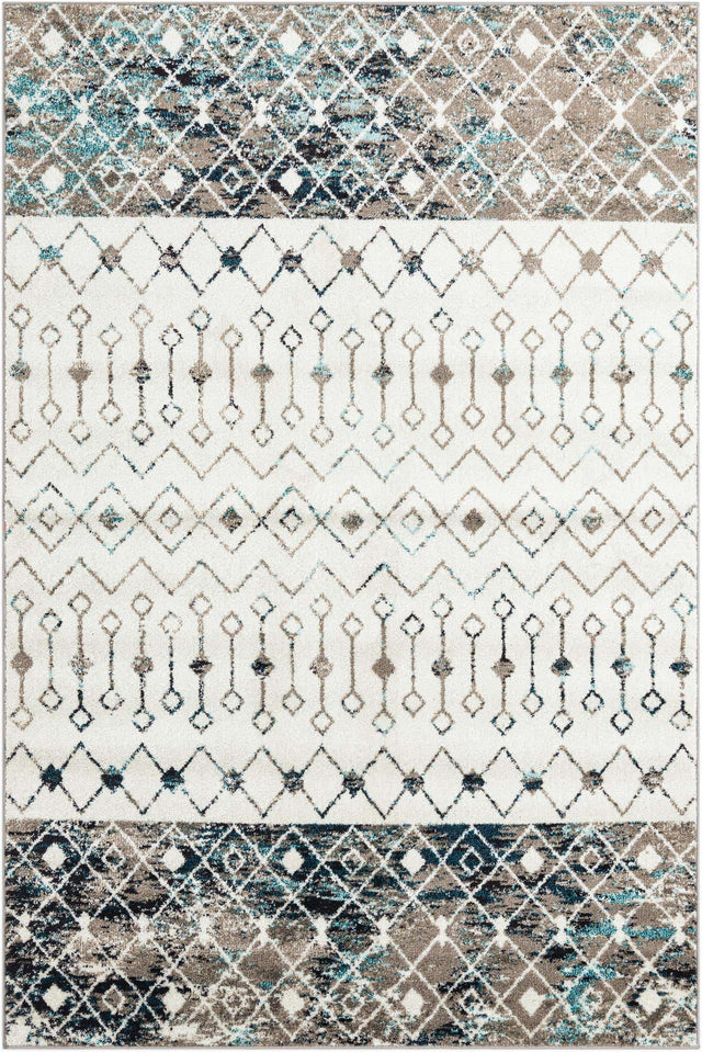 Ivory Gray Blue 6' 1 x 9' Tribal Trellis Rectangle Area Rug Geometric Southwestern Inspired Durable Carpet for Home Interior Design for Sale at Rug Engine